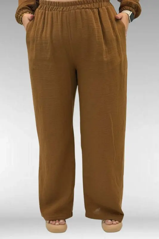 67016 Büyük Beden Kol Ve Etek Ucu Lastik Detaylı Müslin Pantolonlu Takım - Kahve - 3