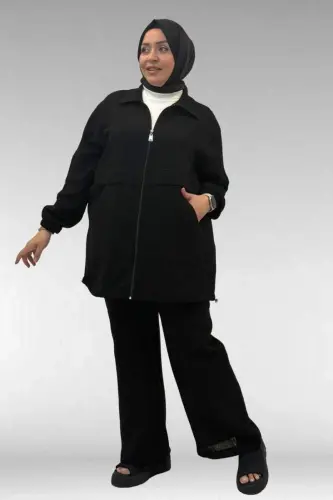 67016 Büyük Beden Kol Ve Etek Ucu Lastik Detaylı Müslin Pantolonlu Takım - Siyah - 1