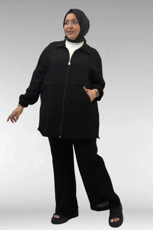 67016 Büyük Beden Kol Ve Etek Ucu Lastik Detaylı Müslin Pantolonlu Takım - Siyah - BÜYÜKBEDENIZ