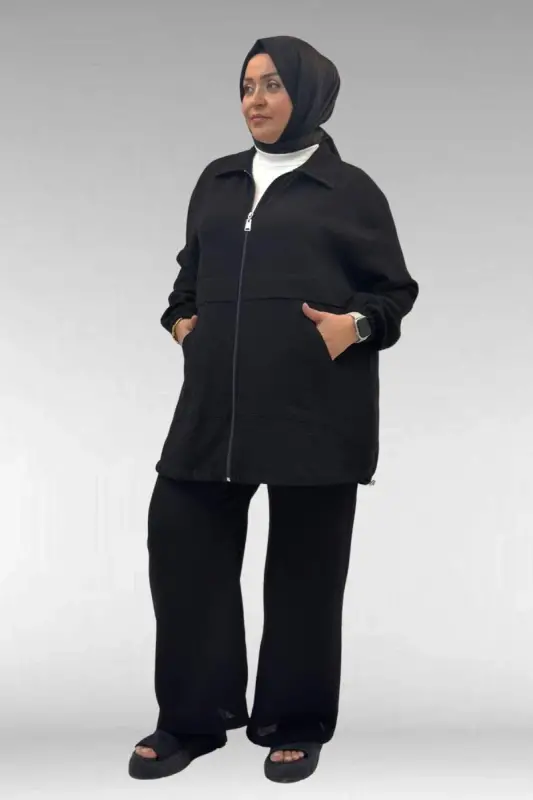 67016 Büyük Beden Kol Ve Etek Ucu Lastik Detaylı Müslin Pantolonlu Takım - Siyah - 2