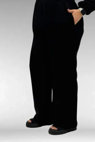 67016 Büyük Beden Kol Ve Etek Ucu Lastik Detaylı Müslin Pantolonlu Takım - Siyah - 3