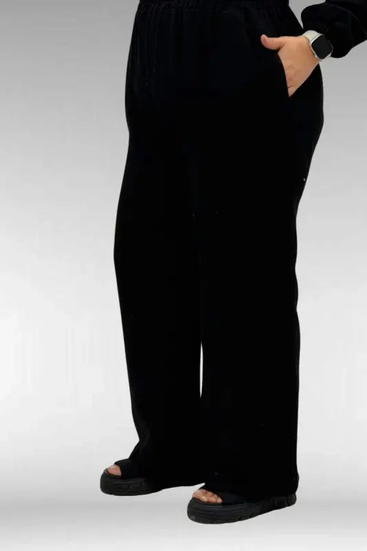 67016 Büyük Beden Kol Ve Etek Ucu Lastik Detaylı Müslin Pantolonlu Takım - Siyah - 3