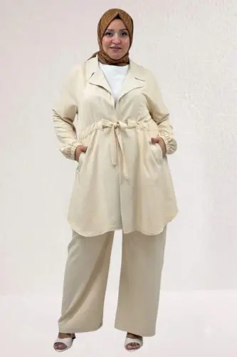 67019 Plus Size Waist Tie Trousers Jacket Nora Suit - Beige - BÜYÜKBEDENIZ (1)