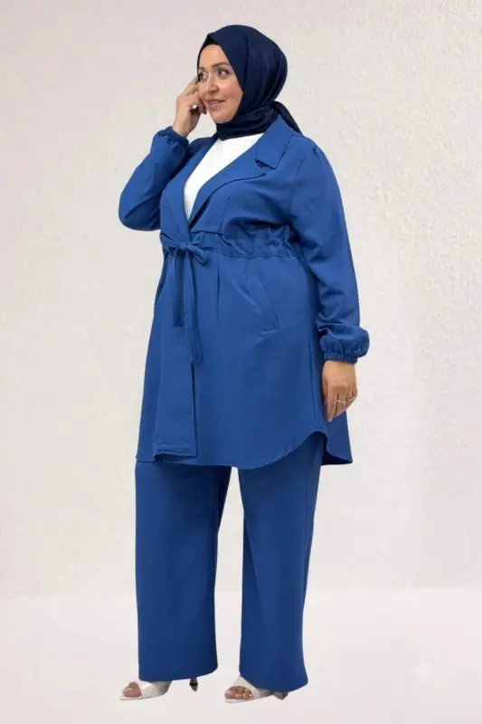 67019 Plus Size Waist Tie Trousers Jacket Nora Suit - Indigo - 2