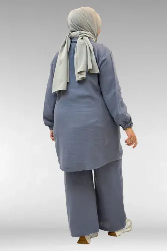 67020 Büyük Beden Yarım Fermuarlı Erkek Yakalı Müslin Pantolonlu Takım - Antrasit - 3