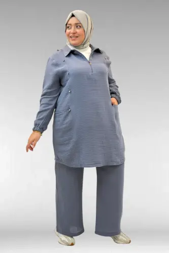 67020 Büyük Beden Yarım Fermuarlı Erkek Yakalı Müslin Pantolonlu Takım - Antrasit - BÜYÜKBEDENIZ (1)