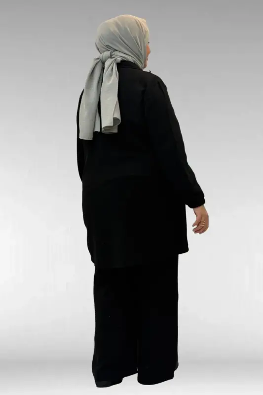 67020 Büyük Beden Yarım Fermuarlı Erkek Yakalı Müslin Pantolonlu Takım - Siyah - 4