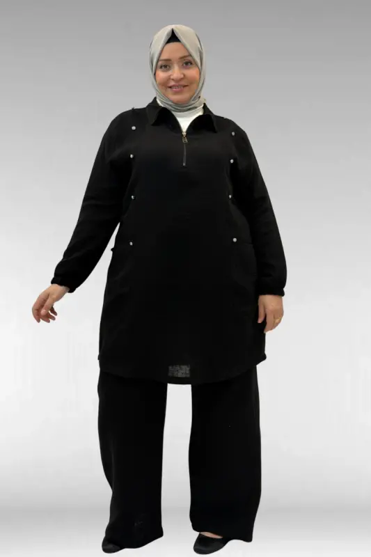 67020 Büyük Beden Yarım Fermuarlı Erkek Yakalı Müslin Pantolonlu Takım - Siyah - BÜYÜKBEDENIZ