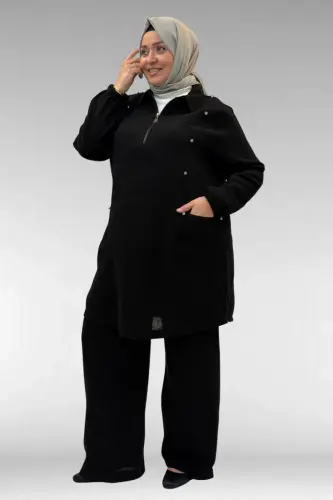 67020 Büyük Beden Yarım Fermuarlı Erkek Yakalı Müslin Pantolonlu Takım - Siyah - BÜYÜKBEDENIZ (1)