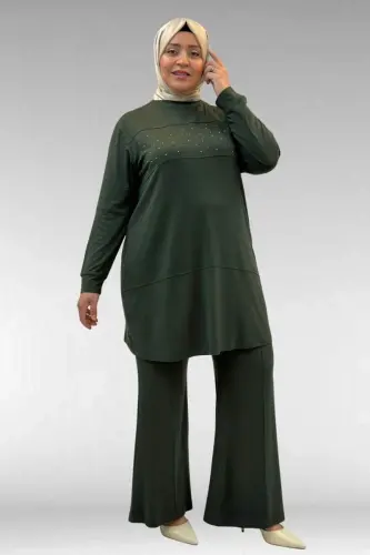 67021 Büyük Beden Taş Baskı Detaylı Parçalı Pantolonlu Takım - Haki - 1