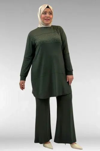 67021 Büyük Beden Taş Baskı Detaylı Parçalı Pantolonlu Takım - Haki - 3