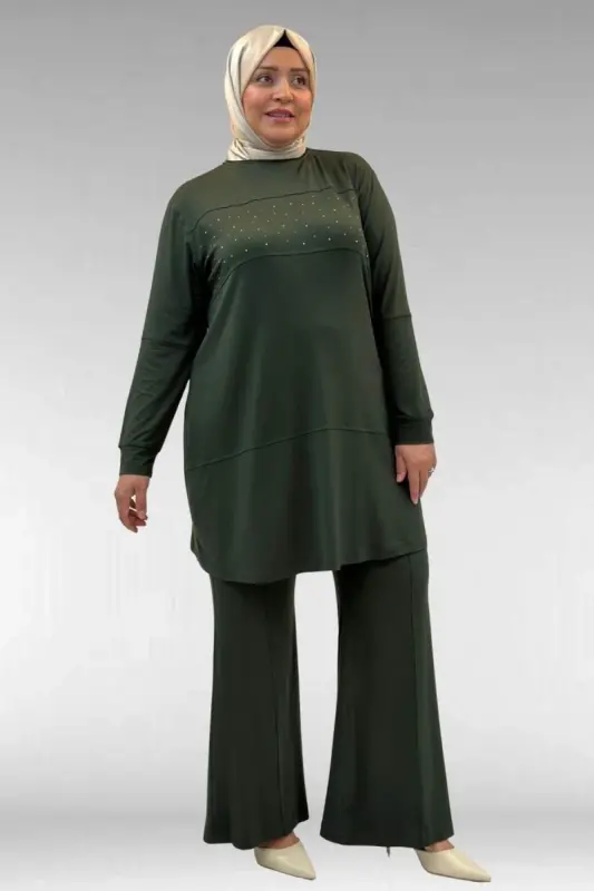 67021 Büyük Beden Taş Baskı Detaylı Parçalı Pantolonlu Takım - Haki - 3