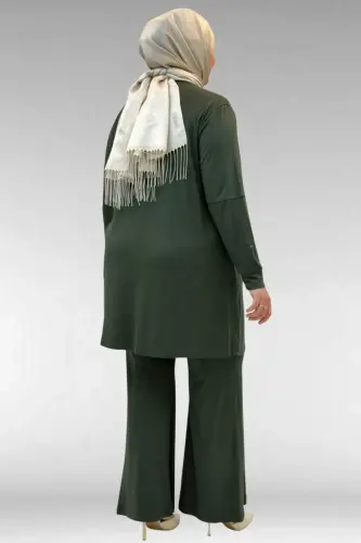 67021 Büyük Beden Taş Baskı Detaylı Parçalı Pantolonlu Takım - Haki - 4