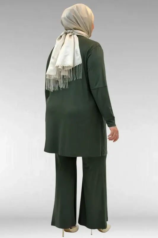 67021 Büyük Beden Taş Baskı Detaylı Parçalı Pantolonlu Takım - Haki - 4