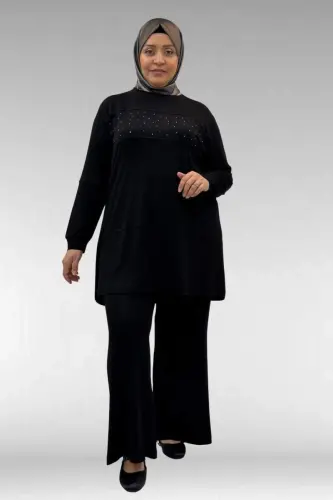 67021 Büyük Beden Taş Baskı Detaylı Parçalı Pantolonlu Takım - Siyah - 1