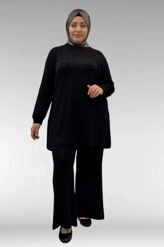 67021 Büyük Beden Taş Baskı Detaylı Parçalı Pantolonlu Takım - Siyah - 1