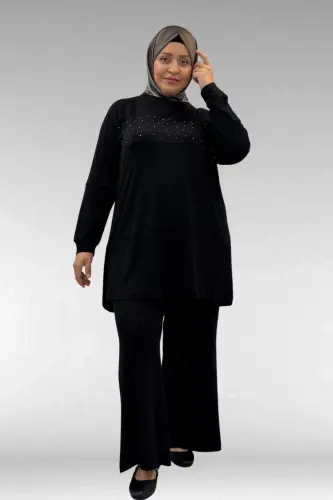 67021 Büyük Beden Taş Baskı Detaylı Parçalı Pantolonlu Takım - Siyah - 3