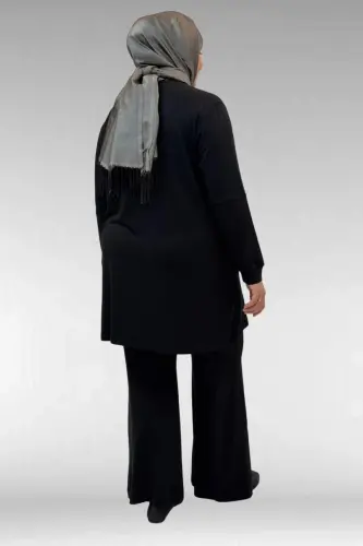 67021 Büyük Beden Taş Baskı Detaylı Parçalı Pantolonlu Takım - Siyah - 4