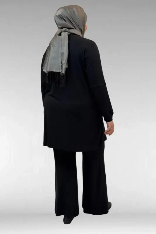 67021 Büyük Beden Taş Baskı Detaylı Parçalı Pantolonlu Takım - Siyah - 4