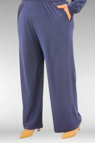 67022 Büyük Beden Omzu Taş Detaylı Sandy Pantolonlu Takım - Lacivert - 4