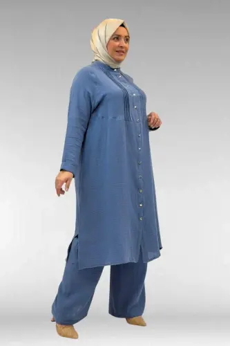 67023 Katta o‘lchamli old qismi burmali muslin shim kostyumi - Indigo - BÜYÜKBEDENIZ (1)
