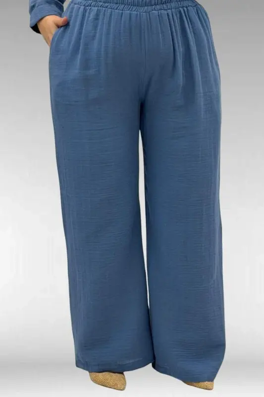 67023 Katta o‘lchamli old qismi burmali muslin shim kostyumi - Indigo - 3