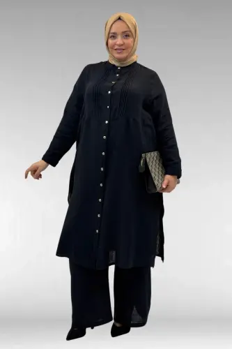 67023 Katta o'lchamli old qismi burmali muslin shimli kostyum - Qora - BÜYÜKBEDENIZ (1)