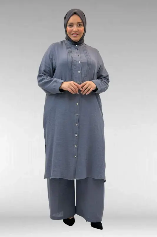 67023 Plus Size Pleated Front Muslin Pant Set - Anthracite - BÜYÜKBEDENIZ