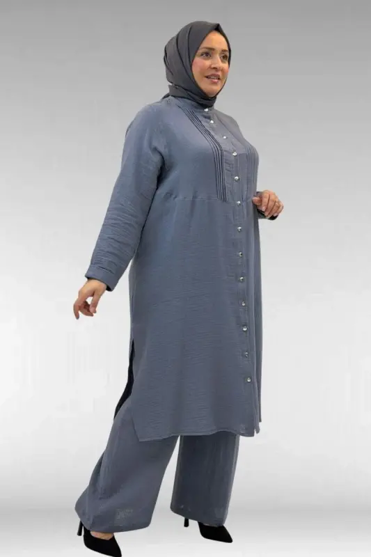 67023 Plus Size Pleated Front Muslin Pant Set - Anthracite - 2