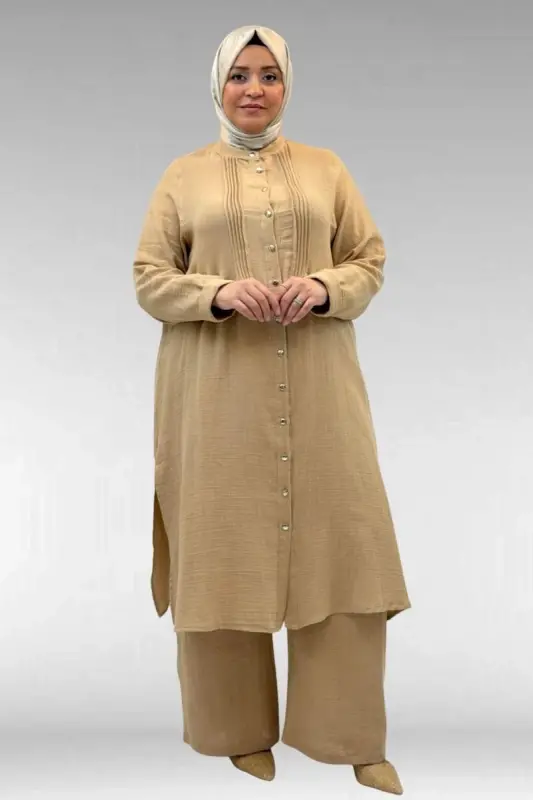 67023 Plus Size Pleated Front Muslin Pants Set - Beige - BÜYÜKBEDENIZ