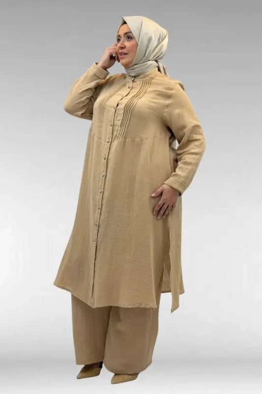 67023 Plus Size Pleated Front Muslin Pants Set - Beige - 2