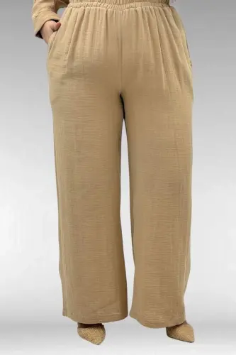 67023 Plus Size Pleated Front Muslin Pants Set - Beige - 3