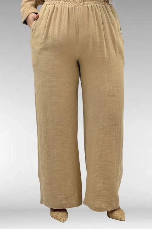 67023 Plus Size Pleated Front Muslin Pants Set - Beige - 3