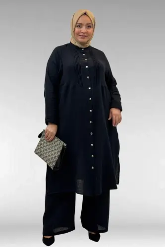 67023 Plus Size Pleated Front Muslin Pants Set - Black - 1