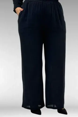 67023 Plus Size Pleated Front Muslin Pants Set - Black - 3