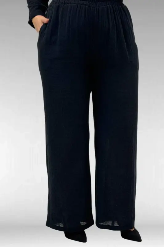 67023 Plus Size Pleated Front Muslin Pants Set - Black - 3