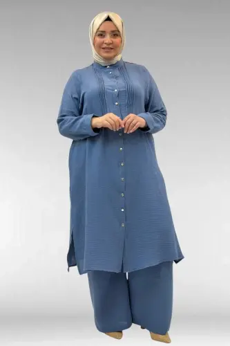 67023 Plus Size Pleated Front Muslin Pants Set - Indigo - 1
