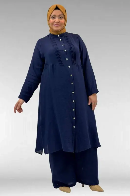 67023 Plus Size Pleated Front Muslin Trouser Set - Navy Blue - 1