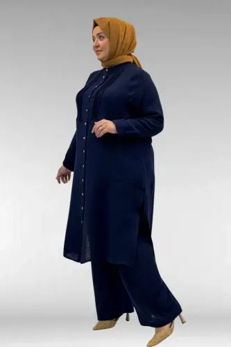 67023 Plus Size Pleated Front Muslin Trouser Set - Navy Blue - BÜYÜKBEDENIZ (1)