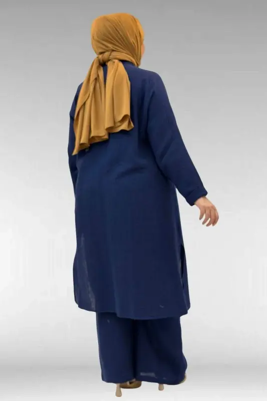 67023 Plus Size Pleated Front Muslin Trouser Set - Navy Blue - 3