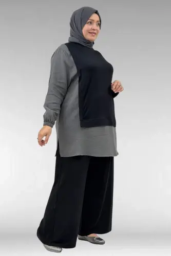 67025 Büyük Beden Omuzu Şal Duruşlu Pantolonlu Takım - Antrasit-Siyah - 3
