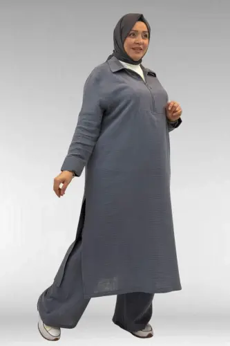 67026 Büyük Beden Erkek Yaka Yarım Fermuarlı Müslin Pantolonlu Takım - Antrasit - 1