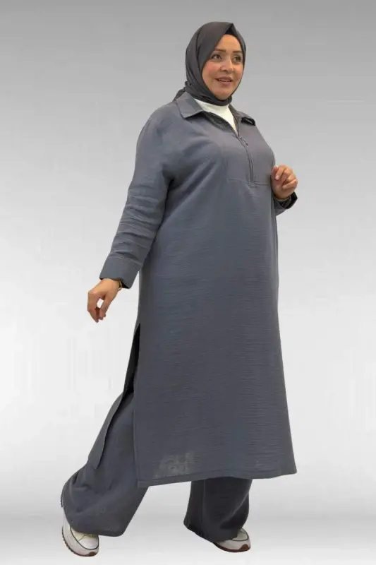 67026 Büyük Beden Erkek Yaka Yarım Fermuarlı Müslin Pantolonlu Takım - Antrasit - 1