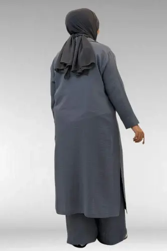 67026 Büyük Beden Erkek Yaka Yarım Fermuarlı Müslin Pantolonlu Takım - Antrasit - 3