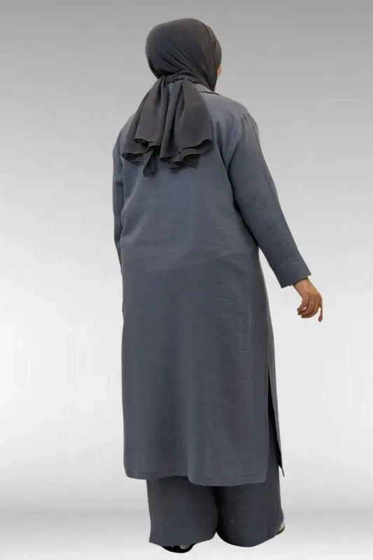 67026 Büyük Beden Erkek Yaka Yarım Fermuarlı Müslin Pantolonlu Takım - Antrasit - 3