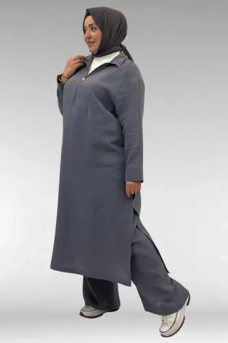 67026 Büyük Beden Erkek Yaka Yarım Fermuarlı Müslin Pantolonlu Takım - Antrasit - BÜYÜKBEDENIZ (1)