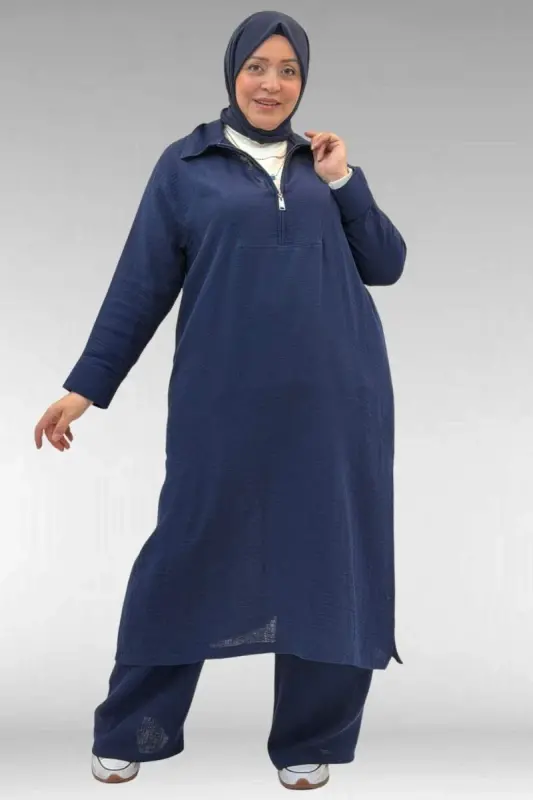 67026 Büyük Beden Erkek Yaka Yarım Fermuarlı Müslin Pantolonlu Takım - Lacivert - 1