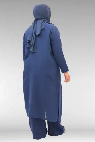 67026 Büyük Beden Erkek Yaka Yarım Fermuarlı Müslin Pantolonlu Takım - Lacivert - 3