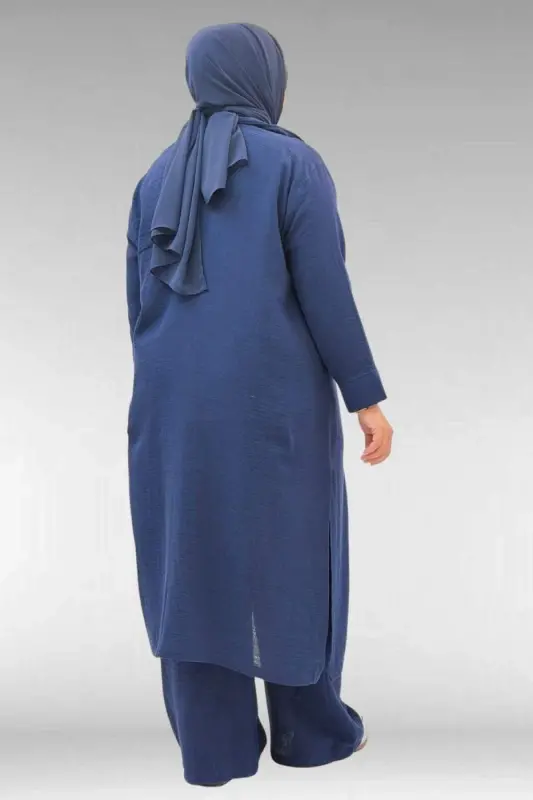 67026 Büyük Beden Erkek Yaka Yarım Fermuarlı Müslin Pantolonlu Takım - Lacivert - 3