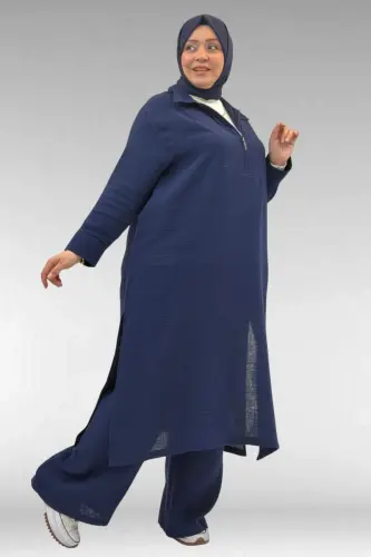 67026 Büyük Beden Erkek Yaka Yarım Fermuarlı Müslin Pantolonlu Takım - Lacivert - BÜYÜKBEDENIZ (1)